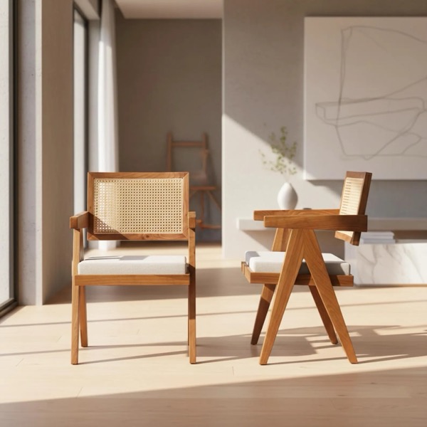 Cane back armchair, Jeanneret style