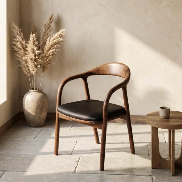 Walnut dining chair with black leather cushion